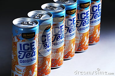 Ice Tea Original cans from Jumbo, Dutch supermarket Editorial Stock Photo