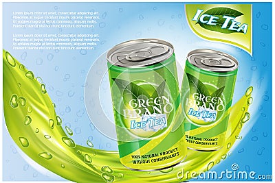 Ice tea products ad. Vector 3d illustration. Soft drink aluminium can template design. Green tea bottle advertisement Vector Illustration