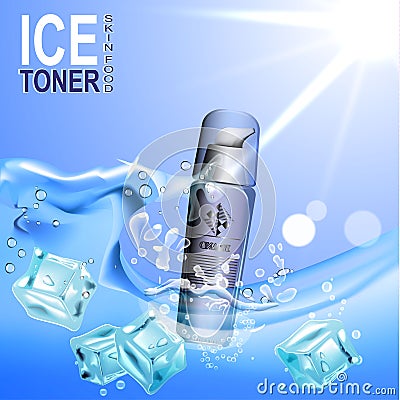 Ice toner contained in the bottle c dispenser on the background of water and ice cubes. Cartoon Illustration