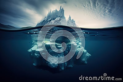 Iceberg above water and partly hidden underwater, created with Generative AI Stock Photo