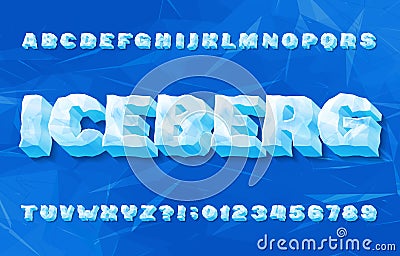 Iceberg alphabet font. 3D ice letters and numbers with shadow. Abstract geometric background. Vector Illustration