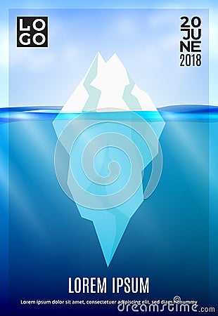 Iceberg in the deep ocean poster. Winter background with sun beam underwater and realistic cloud sky. Vector illustration for adve Vector Illustration