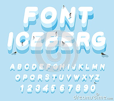 Iceberg font. 3D letters of ice. Ice alphabet letter. ABC of snow. Large cold ice. Penguins Animals of the Arctic. Animals Vector Illustration