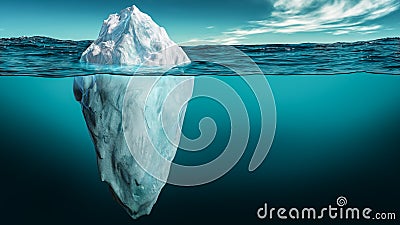 Iceberg with its visible and underwater or submerged parts floating in the ocean. 3D rendering illustration Cartoon Illustration