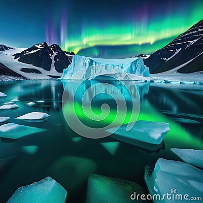 An iceberg landscape with water reflection the aurora borealis in the sky created with Cartoon Illustration