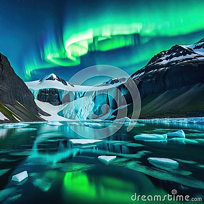 An iceberg landscape with water reflection the aurora borealis in the sky created with Cartoon Illustration