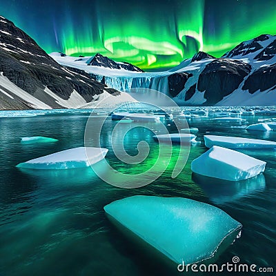 An iceberg landscape with water reflection the aurora borealis in the sky created with Cartoon Illustration