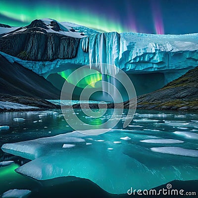 An iceberg landscape with water reflection the aurora borealis in the sky created with Cartoon Illustration