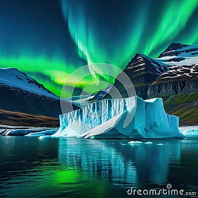 An iceberg landscape with water reflection the aurora borealis in the sky created with Cartoon Illustration