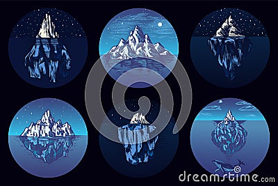 Iceberg in the ocean. Set of stickers. A large piece of a mountain glacier floating in northern water. Engraved hand Vector Illustration