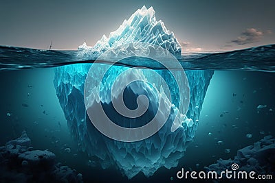 Iceberg in ocean, underwater risk, dark hidden threat or danger concept, iceberg with its visible and underwater or submerged Stock Photo
