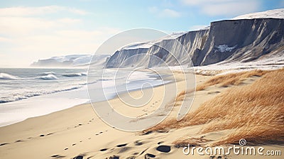 Arctic Fox Beach: Unreal Engine 3d Rendering Of A Snowy Beach With Stony Cliffs Stock Photo