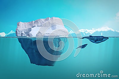 Iceberg and whales underwater view. Oceanic ecosystem, global warming and enviroment protection concept Stock Photo