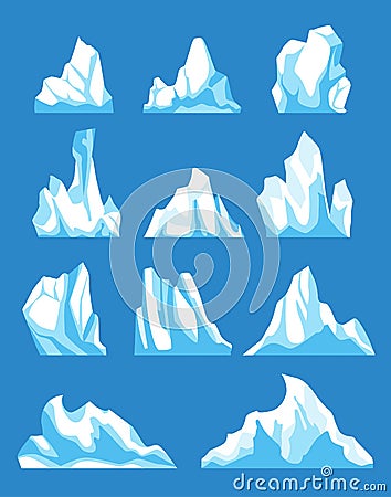 Icebergs. Cartoon floating iceberg vector set. Ocean ice rocks landscape for climate and environment protection concept Vector Illustration