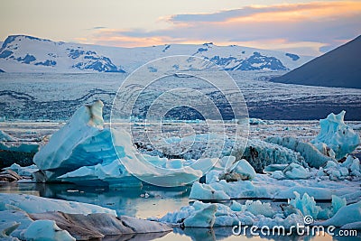 Icebergs in Jokulsarlon glacier lagoon. Vatnajokull National Park, Iceland Summer.Midnight Sun Stock Photo