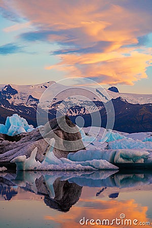 Icebergs in Jokulsarlon glacier lagoon. Vatnajokull National Park, Iceland Summer.Midnight Sun. Stock Photo