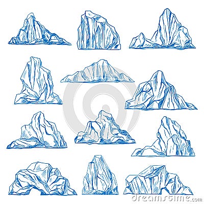 Icebergs sketch or hand drawn mountains. Vector Illustration