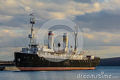 Icebreaker in the Angara river. Stock Photo