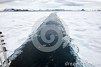 Icebreaker in Antarctica, Icebreaker breaks the shelfice Stock Photo