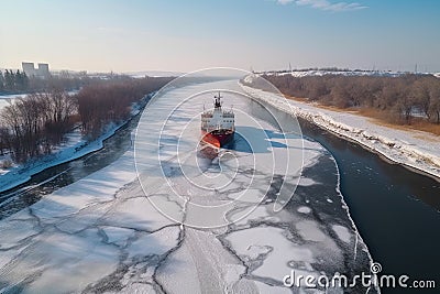 icebreaker ship cuts through frozen river, breaking path for other ships Stock Photo