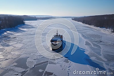 icebreaker ship cuts through frozen river, breaking path for other ships Stock Photo