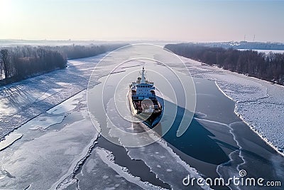 icebreaker ship cuts through frozen river, breaking path for other ships Stock Photo