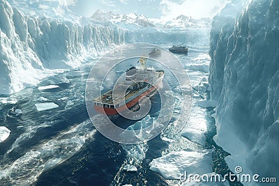 Icebreaker ships navigate through glacial waters, surrounded by towering ice cliffs under a bright Arctic sun, AI Generated Stock Photo