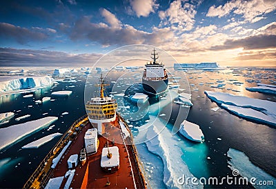 Icebreaker ships sailing in the northern icy sea Stock Photo