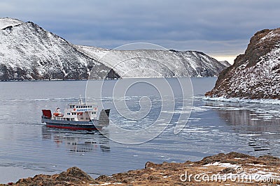 Icebreaking ferries arriving at port Stock Photo