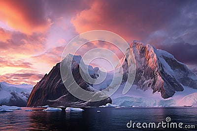 Icecaps in the Antarctica with iceberg in the ocean swimming around and melting in the sea Cartoon Illustration