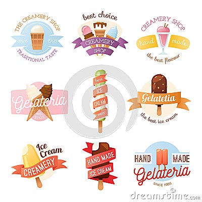 Icecream badges ribbons food sticky, chocolate cold retro dessert vector illustration. Vector Illustration