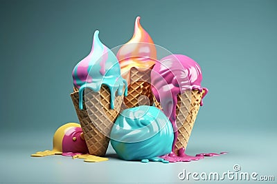 Icecream cones melting in the summer. Studio setup. Generative AI Stock Photo