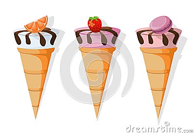 Icecream cones set delicious icon flat style. Vector sweet illustration Vector Illustration