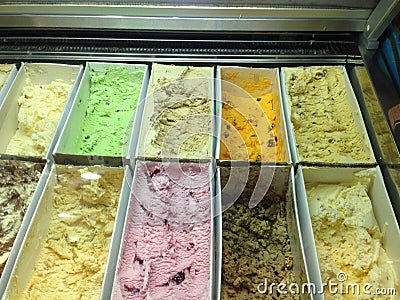 Icecream flavours display dairy desserts Stock Photo