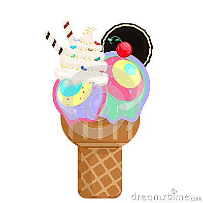 Icecream rainbow cream scoops waffle cone. on white background. Vector illustration Vector Illustration