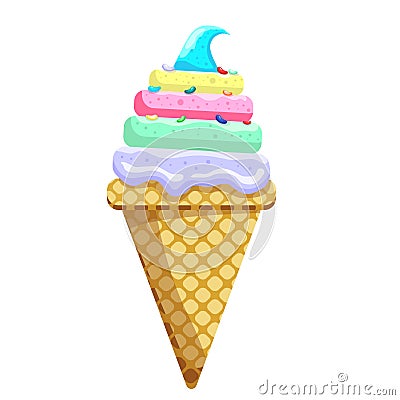 Icecream rainbow scoops waffle cone. on white background. Vector illustration Vector Illustration