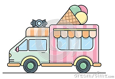Flat vector illustration of ice cream truck with a megaphone and three balls of ice cream in a waffle cone on the roof Vector Illustration