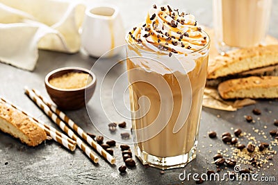 Iced caramel latte coffee in a tall glass Stock Photo