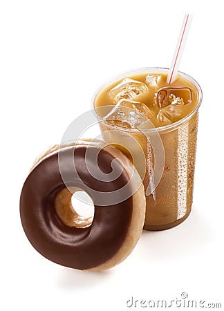 Iced Coffee with a Chocolate Glazed Donut on White Background Stock Photo