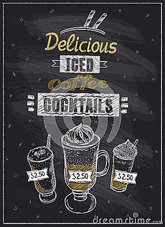 Iced coffee cocktails chalkboard menu Vector Illustration