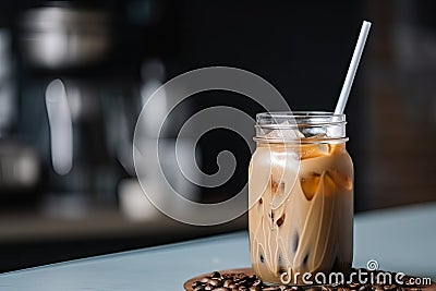 iced coffee latte in a jar, with straw and label for easy take-away Stock Photo