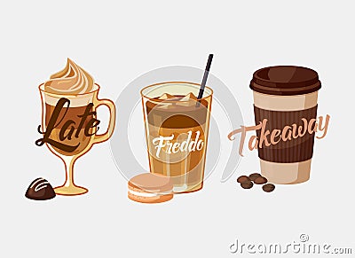Iced coffee latte or mocha and freddo, cup sleeve Vector Illustration