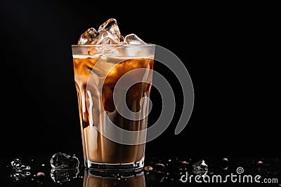 Iced coffee with swirling milk in a glass, coffee beans scattered Stock Photo