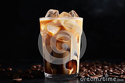 Iced coffee with swirling milk in a glass, coffee beans scattered Stock Photo