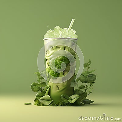 Iced Green matcha tea mixed with ice cube and milk in high glass, creative, copy space. Close up. Cold matcha latte on dirty green Stock Photo