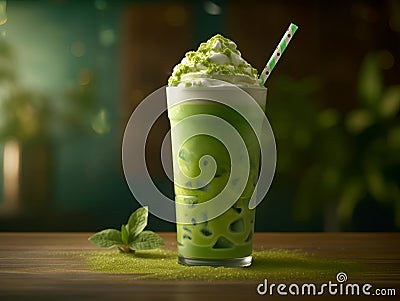 Iced Green matcha tea mixed with ice cube and milk in high glass, creative illustrattion. Close up. Cold matcha latte on dark Stock Photo