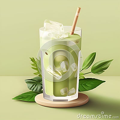 Iced Green matcha tea mixed with ice cube and milk in high glass,minimalistic concept, close up. Cold matcha latte on light green Stock Photo