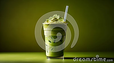Iced Green matcha tea mixed with ice cube and milk in high glass,minimalistic concept, copy space. Cold matcha latte on dirty Stock Photo