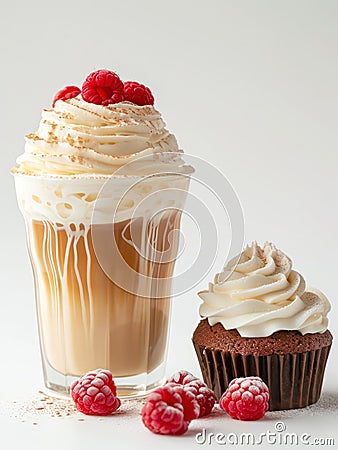 Iced latte decorated with whipped cream and raspberries and chocolate cupcake. Stock Photo