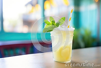 iced lemonade with mint leaves and a striped straw Stock Photo